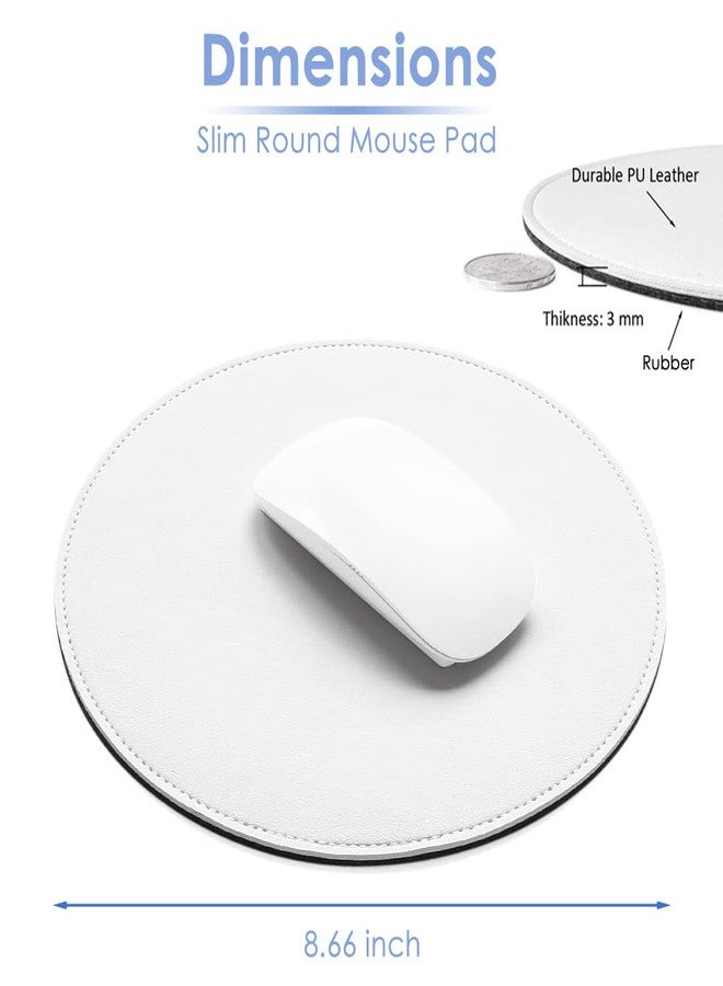 ProElife White Mouse Pad, PU Leather Desk Mat, Non-Slip Base, Round, 8.66" - Image 2