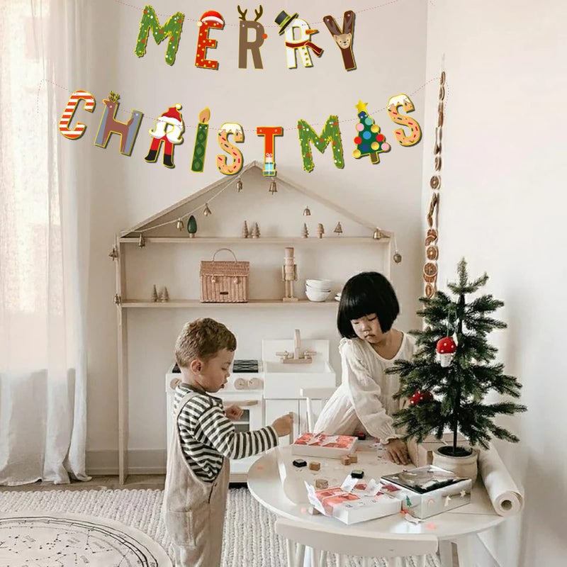 Festiko® Merry Christmas Banner Decorations Glittery - Bunting Garland for Xmas Party Supplies Home and Outdoor Holiday Office Fireplace Mantle Décor - Image 4