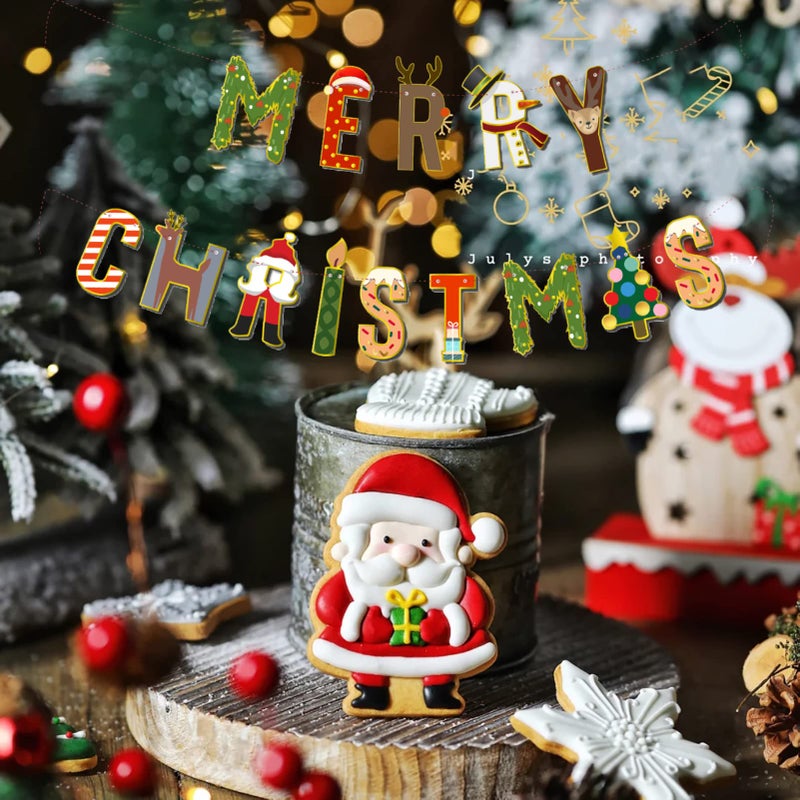 Festiko® Merry Christmas Banner Decorations Glittery - Bunting Garland for Xmas Party Supplies Home and Outdoor Holiday Office Fireplace Mantle Décor - Image 2