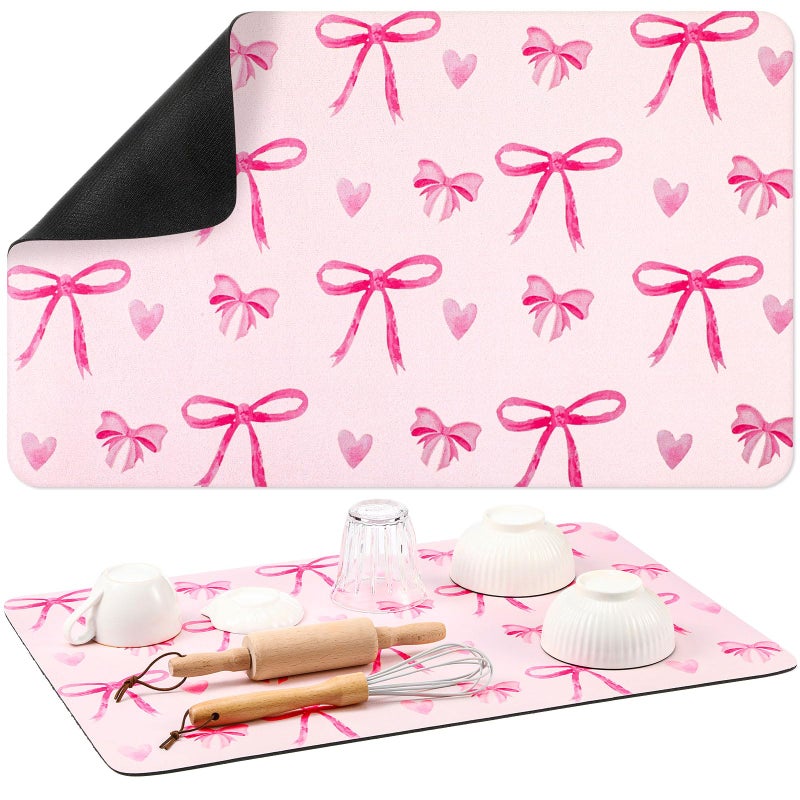 Tinideya Large Coquette Pink Bow Dish Drying Mat Large for Kitchen 24"x 16" Aesthetic Bow Absorbent Coffee Bar Pad for Women Counter Kitchen Home Decor Accessories Party Gifts - Image 1