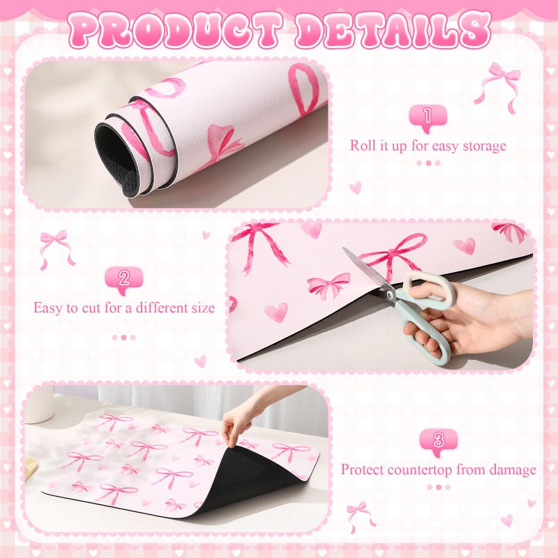 Tinideya Large Coquette Pink Bow Dish Drying Mat Large for Kitchen 24"x 16" Aesthetic Bow Absorbent Coffee Bar Pad for Women Counter Kitchen Home Decor Accessories Party Gifts - Image 3