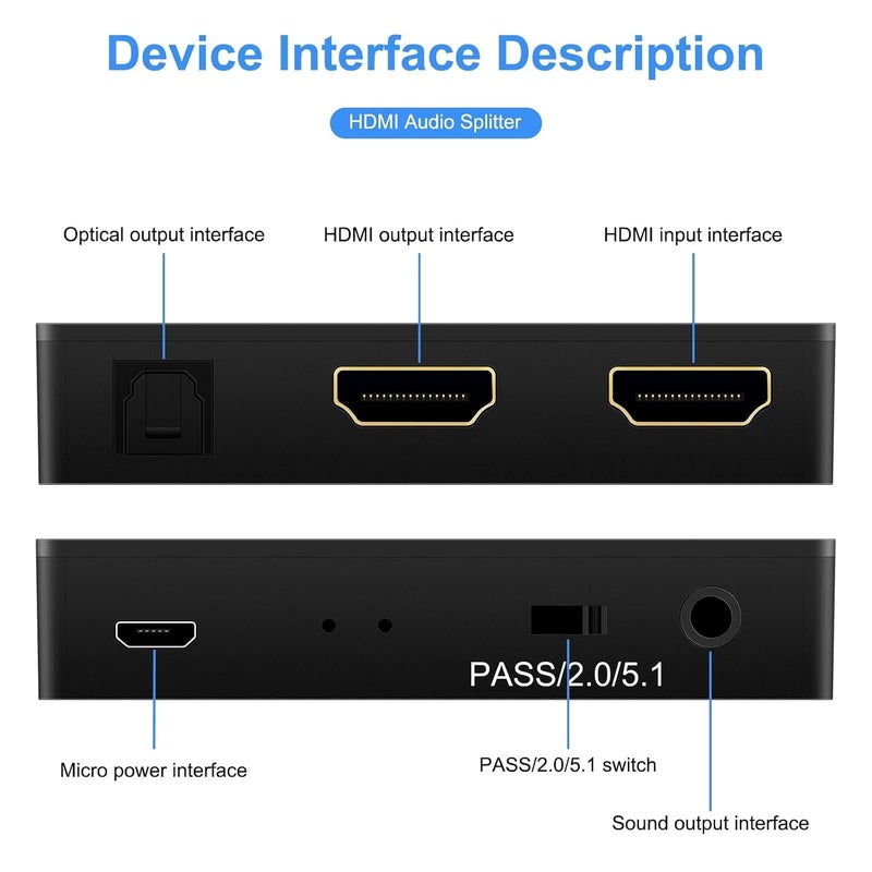 جهاز Joyzzz لاستخراج الصوت من مصادر HDMI، يقوم بتحويل إشارات HDMI بدقة 1080P إلى تنسيق HDMIS مع دعم لوصلات الصوت البصرية من نوع Toslink وSPDIF بالإضافة إلى مخرج صوتي بحجم 3.5 مم، وهو محول صوتي رقمي متوافق مع أجهزة البث المباشر وأجهزة تشغيل أقراص Blu-Ray وأجهزة الألعاب الإلكترونية. - Image 2