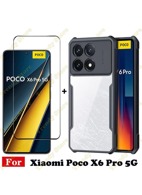 For Xiaomi Poco X6 Pro Cover, with Tempered Glass Screen Protector, TPU Shockproof Airbags Bumper Mobile Phone Case, Camera Lens Protection Slim Fit Anti-Yellowing PC Mixed Material Back Cover