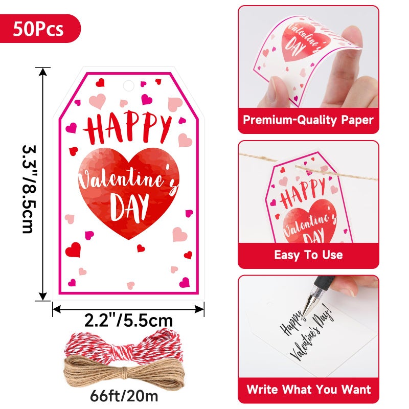 Anwyll Valentines Day Gift Tags - 50Pcs Happy Valentine's Day Tags with String Happy Valentines Heart Tag Personalized Hanging Paper Gift Tag for Gift Wrapping Present Treat Bag Party Favors - Image 3