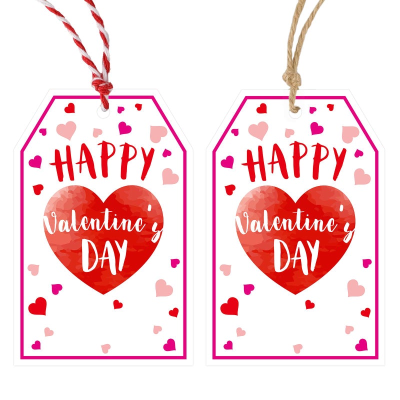 Anwyll Valentines Day Gift Tags - 50Pcs Happy Valentine's Day Tags with String Happy Valentines Heart Tag Personalized Hanging Paper Gift Tag for Gift Wrapping Present Treat Bag Party Favors - Image 1