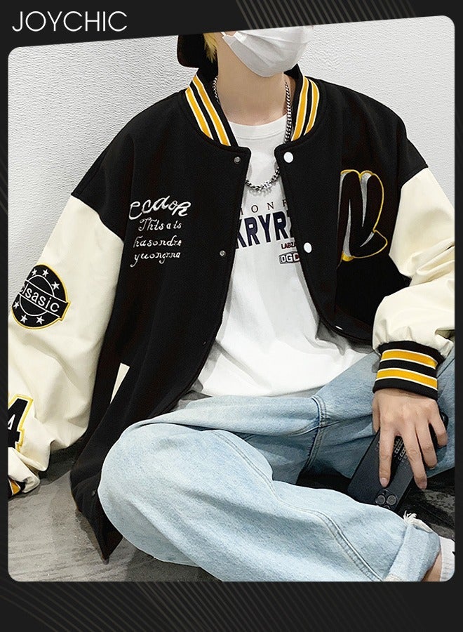 NIBEMINENT Classic Trendy Autumn and Winter Warm Cotton Coat Mens Button Varsity College Baseball Jacket Casual Embroidered Streetwear Black+White  - Image 2