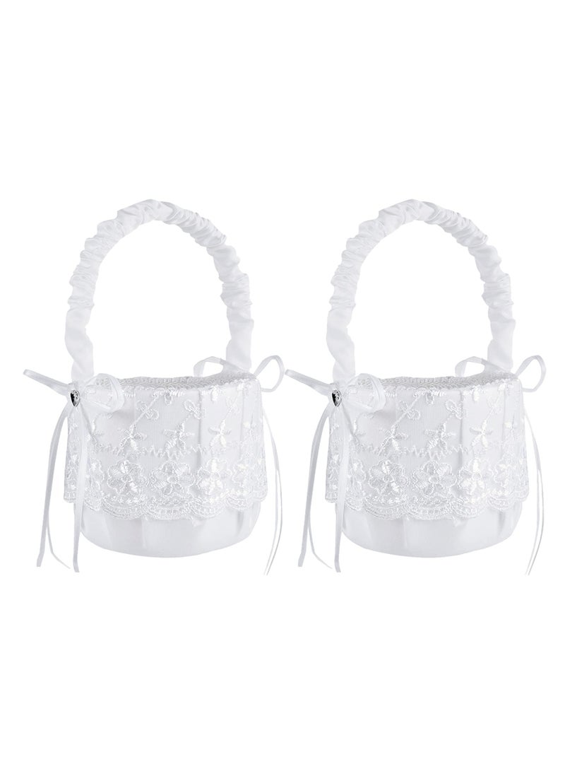 SYOSI 2 Pack White Flower Girl Basket Wedding Basket for Flower Girls  Satin Flower Girl Basket - Image 1