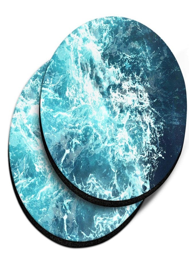 CARIBOU Coasters قواعد أكواب كاريبو، تصميم موجة المحيط الأزرق، قواعد أكواب دائرية ماصة مصنوعة من قماش اللباد والنيوبرين للسيارة، طقم من قطعتين - Image 1
