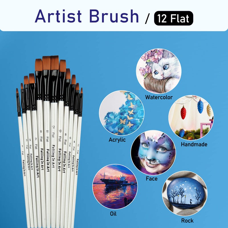 Falling in Art Paint Brushes Set, 12 PCS Nylon Professional Flat Paint Brushes for Watercolor, Oil Painting, Acrylic, Face Body Nail Art, Crafts, Rock Painting - Image 4