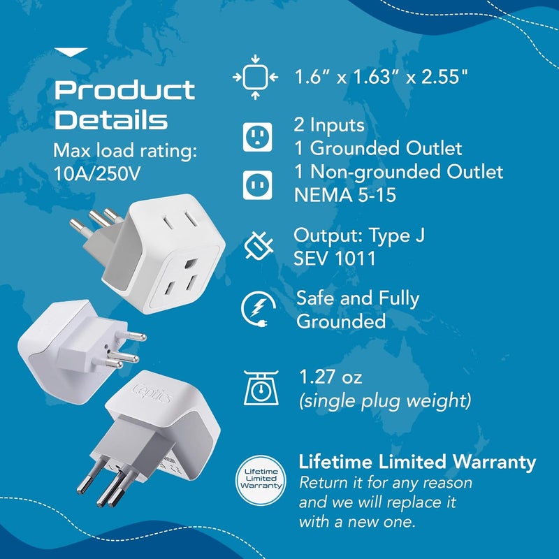 Ceptics Switzerland Travel Adapter Plug with Dual USA Input - Power - Type J (3 Pack) - Ultra Compact - Safe Grounded Perfect for Cell Phones, Laptops, Camera Chargers and More (CT-11A) - Image 3