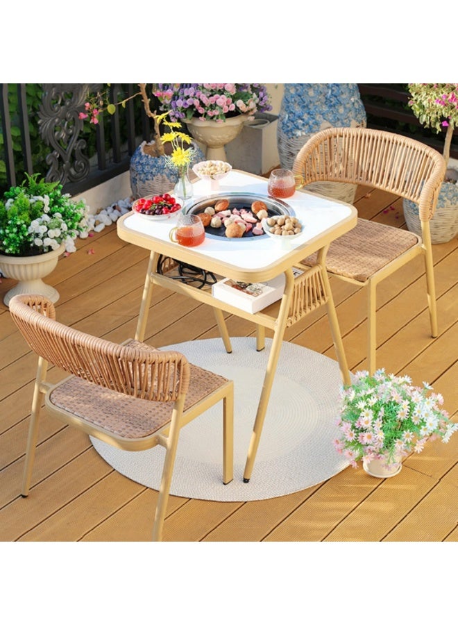 Generic Outdoor Barbecue Table, Electric Grill Table, Wooden Kitchen Table and Chairs Set with 2 Rattan Chairs & 1 Baking Sheet, Smart Touch Temperature Control(White)  - Image 1
