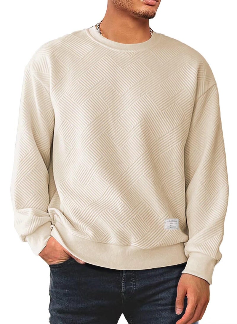 Dokotoo Men Men's Long Sleeve Sweatshirt Casual Fall Winter Soft Crewneck Geometric Texture Adult Soild Color Pullover Lightweight Sweatshirts Workout Shirt Fahion Clothes Outfits Beige Large