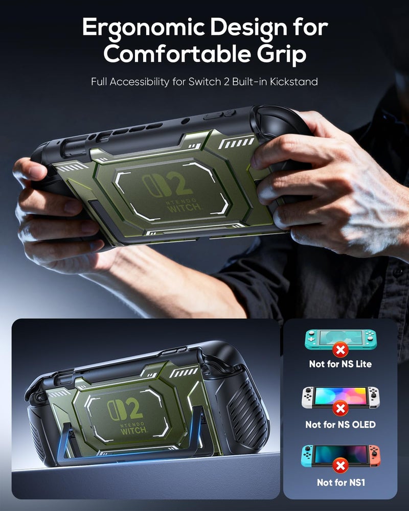 FASTSNAIL Switch 2 Protective Case, Switch 2 Cover with Dockable TPU Middle Frame, Non-Slip Ergonomic Grip for Joycon 2, Anti-Scratch PC Front Cover with 12 Game Card Slots for Switch2 - Green - Image 4