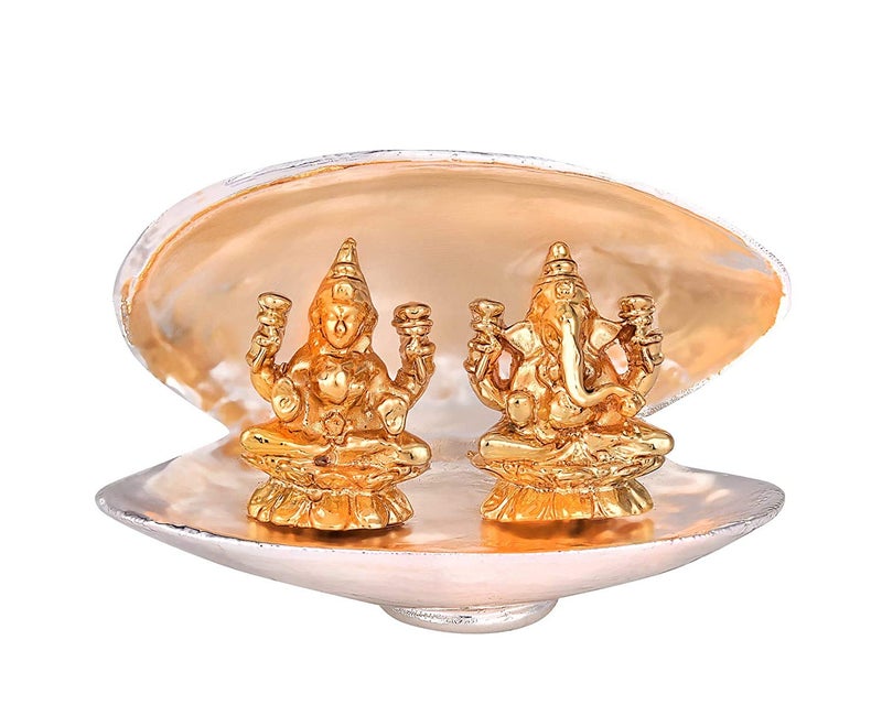 Lavanaya Silver - Gold Plated Laxmi Ganesh Idol Sitting On Silver Sea Shell Diwali Gift, Laxmi Ganesh Idol for Gift (Silver Gold) - Image 1