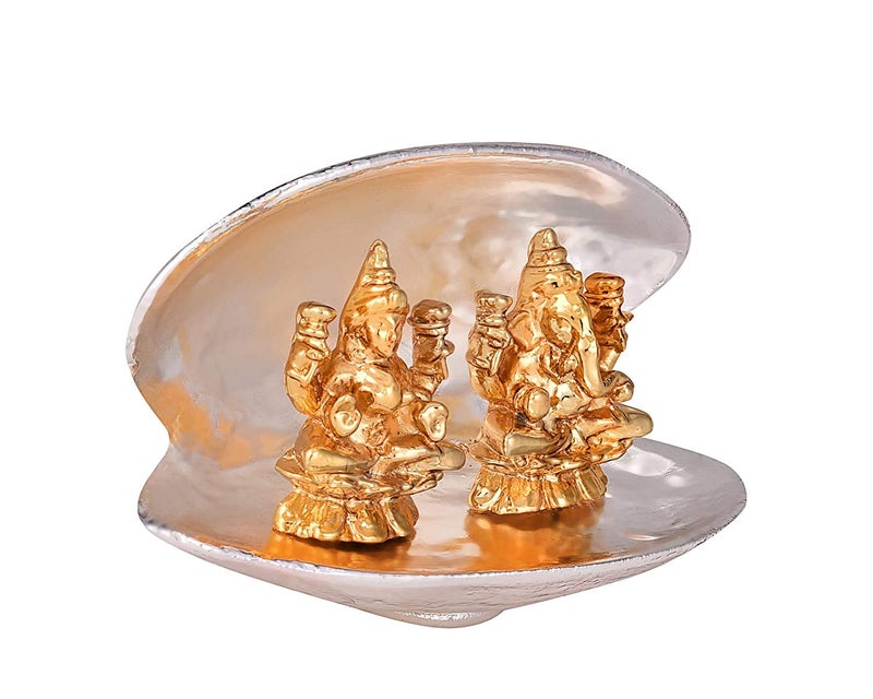 Lavanaya Silver - Gold Plated Laxmi Ganesh Idol Sitting On Silver Sea Shell Diwali Gift, Laxmi Ganesh Idol for Gift (Silver Gold) - Image 2