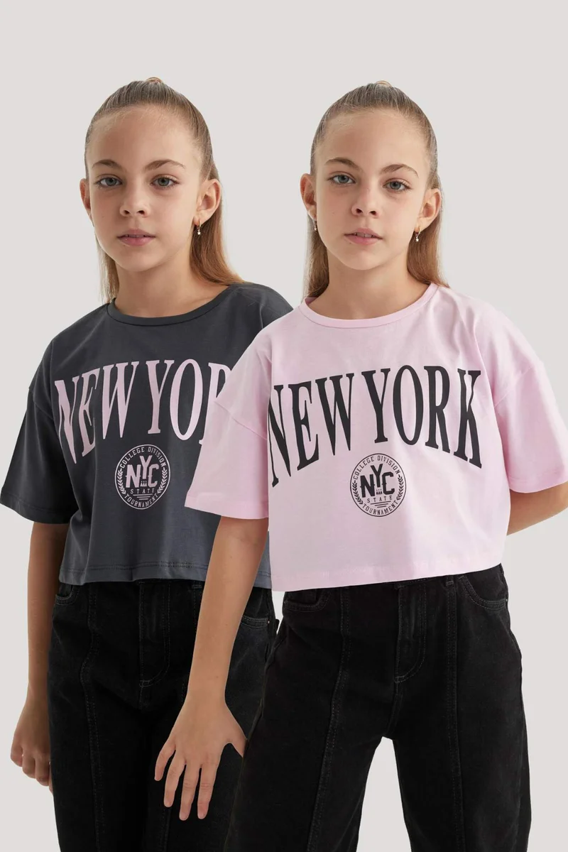ديفاكتو Girl Crew Neck 2 Piece Crop T-Shirt