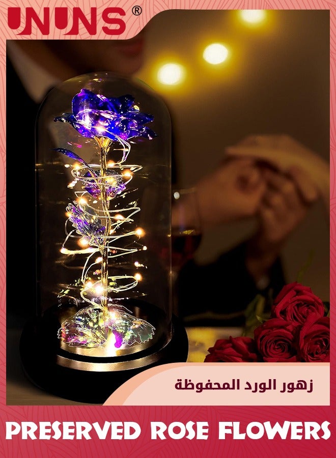 Colorful Artificial Flower Rose Gift,LED Light Forever Rose Birthday Gifts For Women Mom Grandma Wife,Rose Flower In Glass Dome,Timeless Beauty,Unique Gifts For Mother's Day/Birthdays,Purple