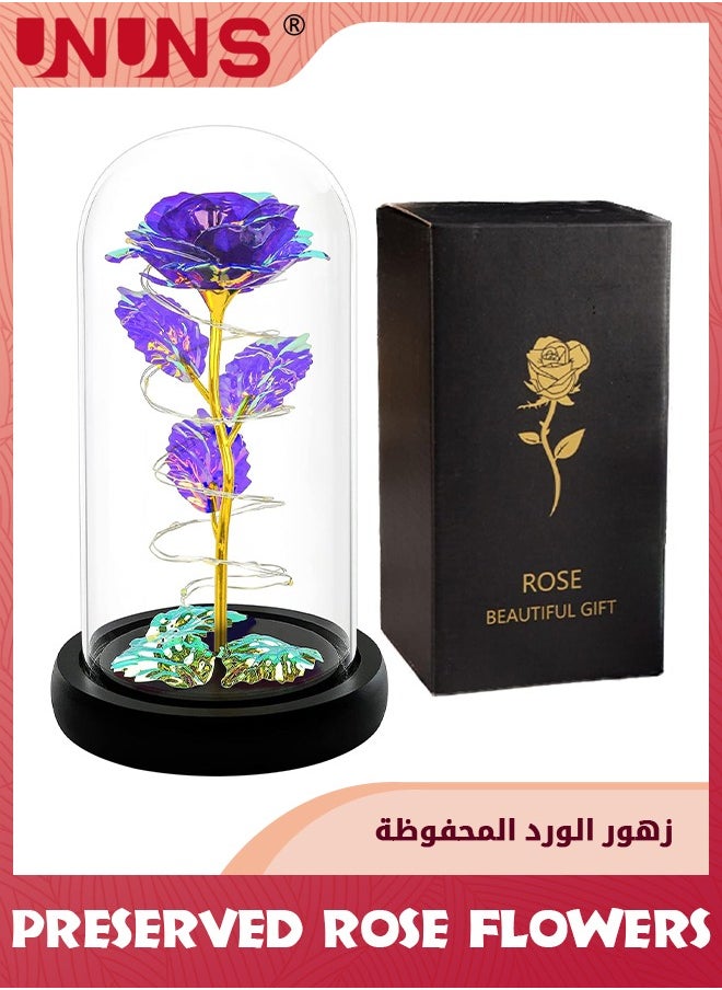 UNUNS Colorful Artificial Flower Rose Gift,LED Light Forever Rose Birthday Gifts For Women Mom Grandma Wife,Rose Flower In Glass Dome,Timeless Beauty,Unique Gifts For Mother's Day/Birthdays,Purple  - Image 1