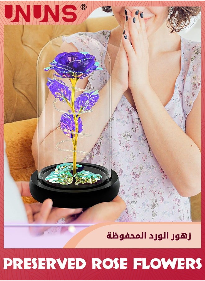 UNUNS Colorful Artificial Flower Rose Gift,LED Light Forever Rose Birthday Gifts For Women Mom Grandma Wife,Rose Flower In Glass Dome,Timeless Beauty,Unique Gifts For Mother's Day/Birthdays,Purple  - Image 2
