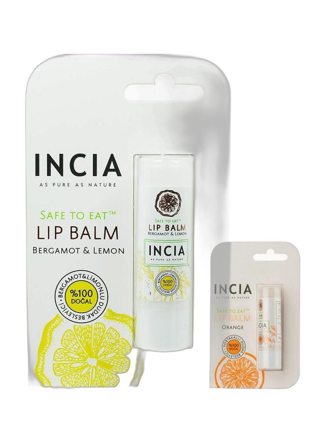 INCIA 100% NATURAL LIP BALM- BERGAMOT & LEMON 6G & 100% NATURAL ADULT LIP BALM - ORANGE Bundle - Image 1