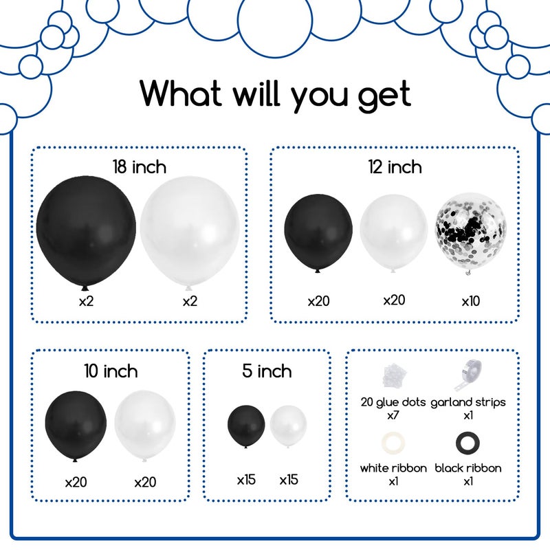 COKAOBE Black and White Balloon Garland Arch Kit, 124pcs White Black Confetti Latex Balloons for Baby Shower Birthday Graduation Wedding Engagements Anniversary Celebrations Party Decorations - Image 2