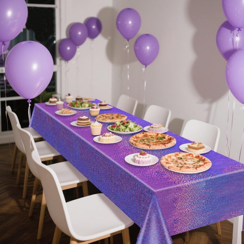 PTECDROTS 4Pcs Purple Holographic Tablecloths Rectangular Purple Iridescent Tablecloth Shimmer Metallic Table Covers for Butterfly Mermaid Party Birthday Wedding Christmas Holiday Party Decorations, 54x108Inch - Image 5