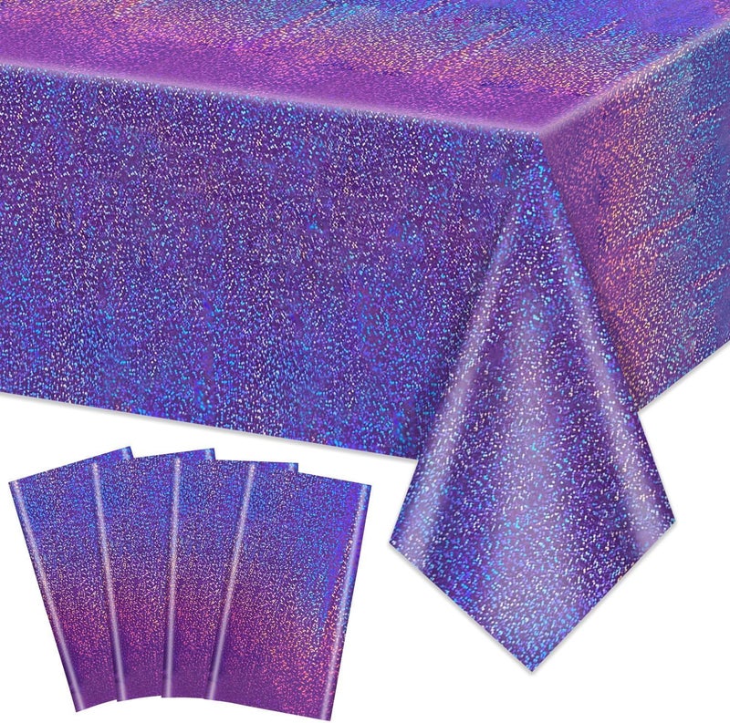 PTECDROTS 4Pcs Purple Holographic Tablecloths Rectangular Purple Iridescent Tablecloth Shimmer Metallic Table Covers for Butterfly Mermaid Party Birthday Wedding Christmas Holiday Party Decorations, 54x108Inch - Image 1