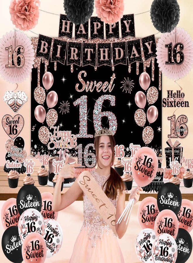 Peghoqu Sweet 16 Party Decoration for Girls Happy 16th Birthday Decorations Black Rose Gold Balloons,Banner,Sash,Hanging Swirls,Cake Topper,Crown,Backdrop,Paper Pom Pom Fans,Sixteen Party Supplies Decor - Image 2