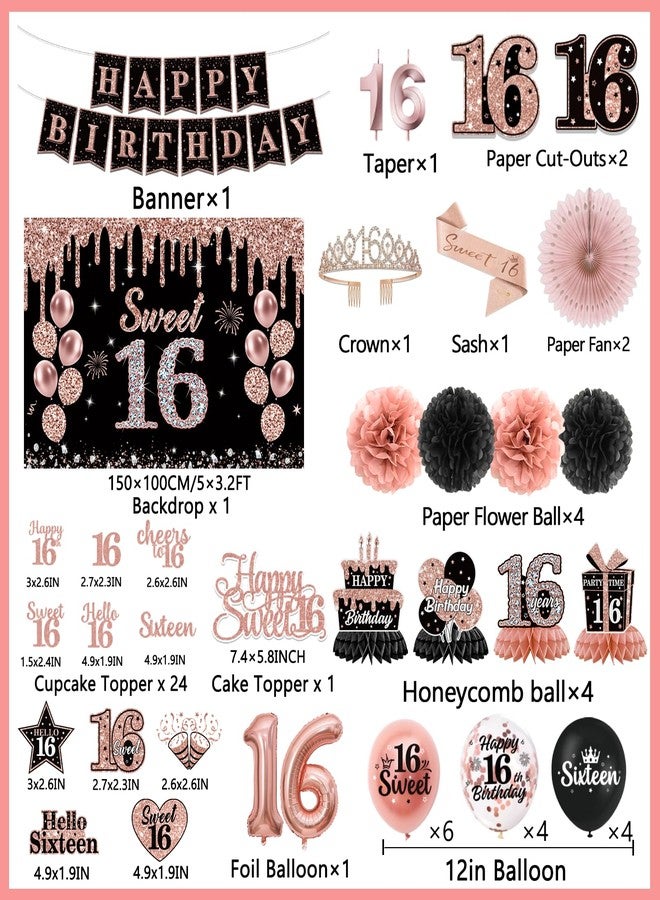 Peghoqu Sweet 16 Party Decoration for Girls Happy 16th Birthday Decorations Black Rose Gold Balloons,Banner,Sash,Hanging Swirls,Cake Topper,Crown,Backdrop,Paper Pom Pom Fans,Sixteen Party Supplies Decor - Image 4