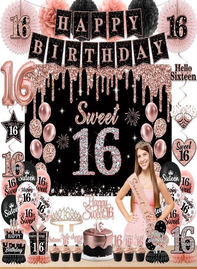 Peghoqu Sweet 16 Party Decoration for Girls Happy 16th Birthday Decorations Black Rose Gold Balloons,Banner,Sash,Hanging Swirls,Cake Topper,Crown,Backdrop,Paper Pom Pom Fans,Sixteen Party Supplies Decor - Image 1