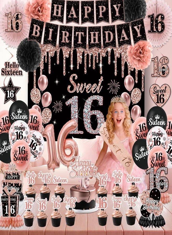 Peghoqu Sweet 16 Party Decoration for Girls Happy 16th Birthday Decorations Black Rose Gold Balloons,Banner,Sash,Hanging Swirls,Cake Topper,Crown,Backdrop,Paper Pom Pom Fans,Sixteen Party Supplies Decor - Image 5