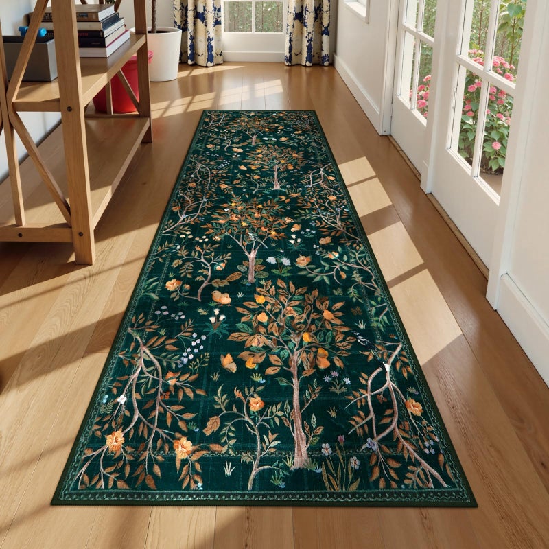 Morebes Boho Floral Rug Runners for Hallways Non Slip Flower 25x8 Kitchen Runner Rug Washable Soft Botanical Indoor Carpet Floor Runner for Entrance Bedroom Bedside Dark Green - Image 2