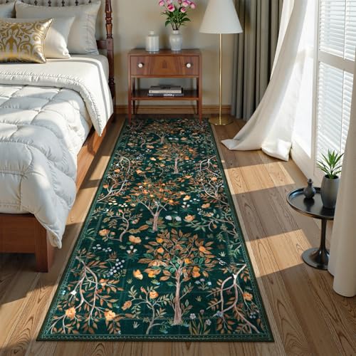 Morebes Boho Floral Rug Runners for Hallways Non Slip Flower 25x8 Kitchen Runner Rug Washable Soft Botanical Indoor Carpet Floor Runner for Entrance Bedroom Bedside Dark Green - Image 3