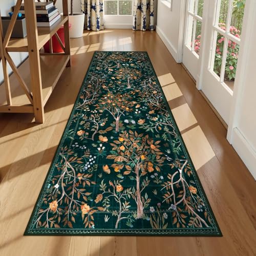 Morebes Boho Floral Rug Runners for Hallways Non Slip Flower 25x8 Kitchen Runner Rug Washable Soft Botanical Indoor Carpet Floor Runner for Entrance Bedroom Bedside Dark Green - Image 1