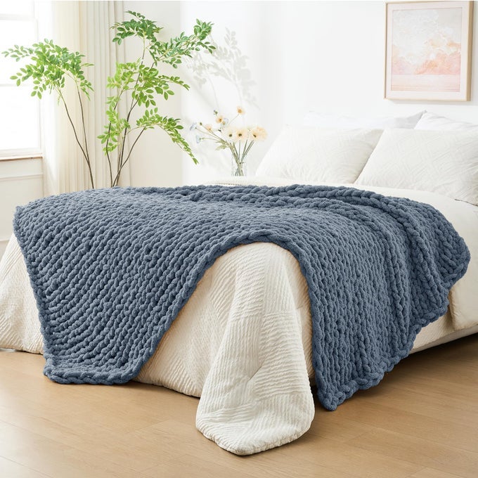 CHUNKY KNIT THROW BLANKET FOR COUCH 51X63 INCHES 100 HAND KNITTED WITH THICK JUMBO CHENILLE YARN COZY SOFT LARGE ROPE KNOT CABLE CROCHET BLANKETS FOR SOFA BED LIVING ROOM COLD SEA BLUE