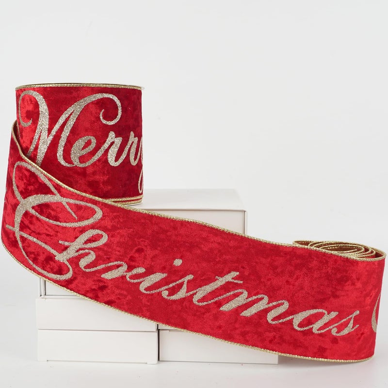 HUIHUANG Red Christmas Ribbon 4 inch Wide Velvet Wired Ribbon with Glitter Gold Merry Christmas Ribbon for Christmas Trees Tree Top Bows Garlands Staircases Wreaths10 Yards - Image 2