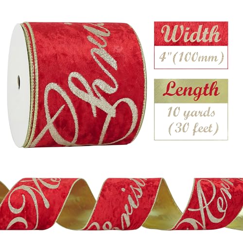 HUIHUANG Red Christmas Ribbon 4 inch Wide Velvet Wired Ribbon with Glitter Gold Merry Christmas Ribbon for Christmas Trees Tree Top Bows Garlands Staircases Wreaths10 Yards - Image 3