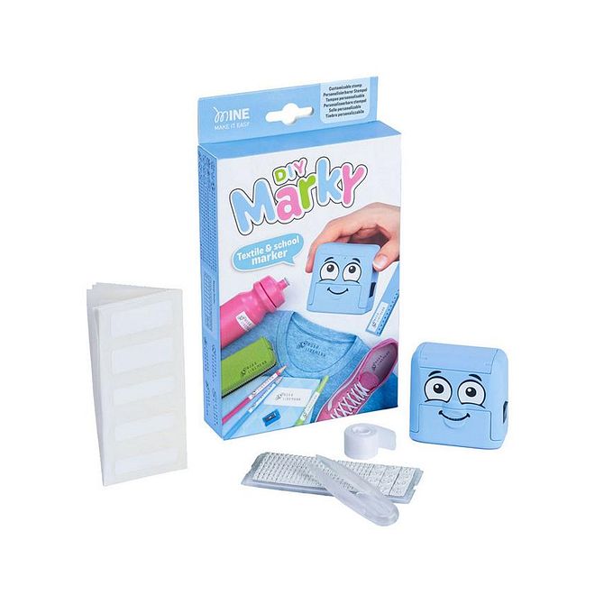 Mine Stamp Marky DIY Textile and School Name Stamp, Dermatologically Tested Ink, With Type Set, CO2-Neutral Production, 3 Years+, Blue - 24 Pieces - Image 1