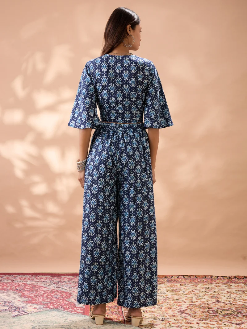 globus Women Navy Blue Ethnic Print V-Neck Flared Sleeves Crop Top with Wide Leg Trousers Co-Ord Set