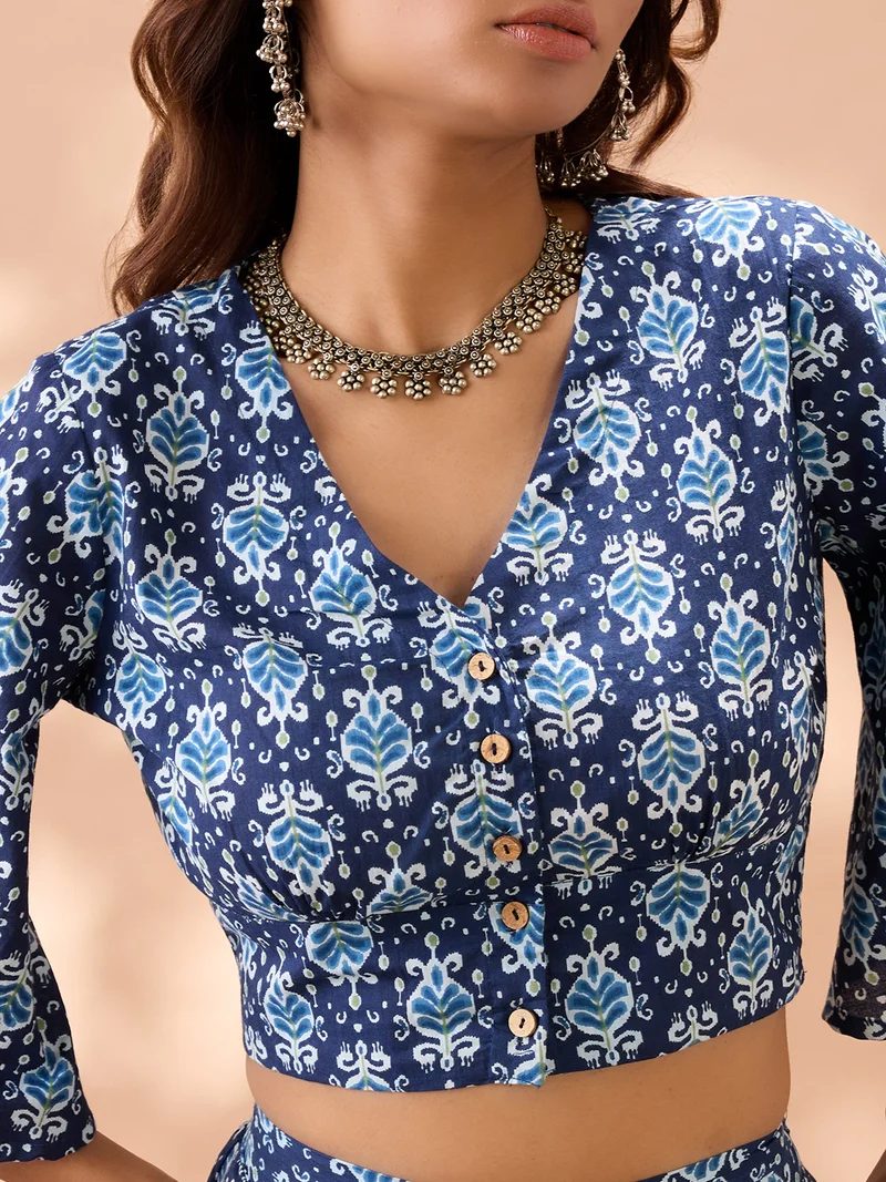globus Women Navy Blue Ethnic Print V-Neck Flared Sleeves Crop Top with Wide Leg Trousers Co-Ord Set