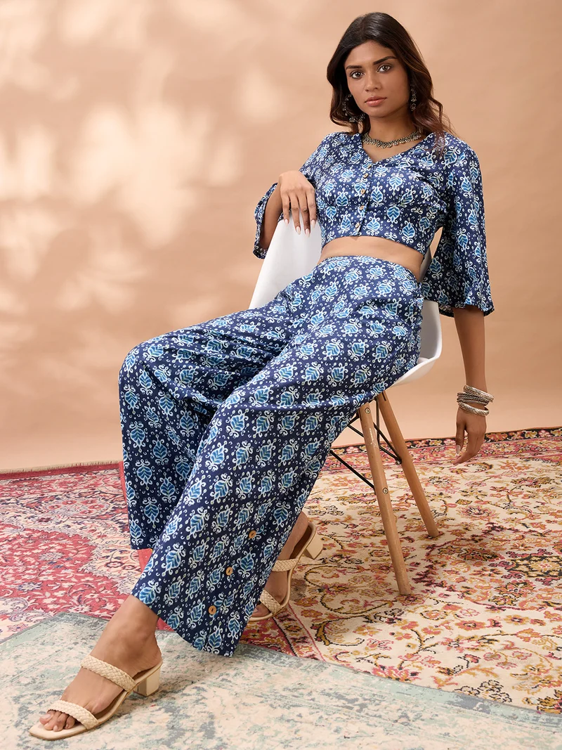 globus Women Navy Blue Ethnic Print V-Neck Flared Sleeves Crop Top with Wide Leg Trousers Co-Ord Set