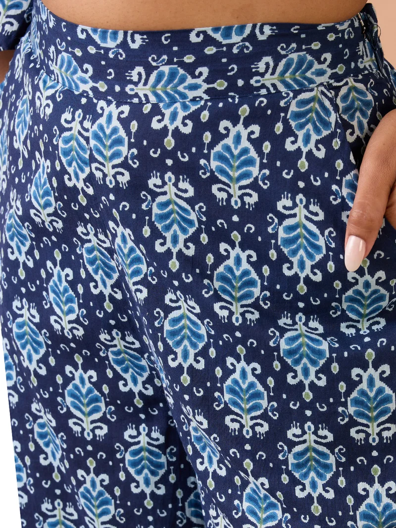 globus Women Navy Blue Ethnic Print V-Neck Flared Sleeves Crop Top with Wide Leg Trousers Co-Ord Set