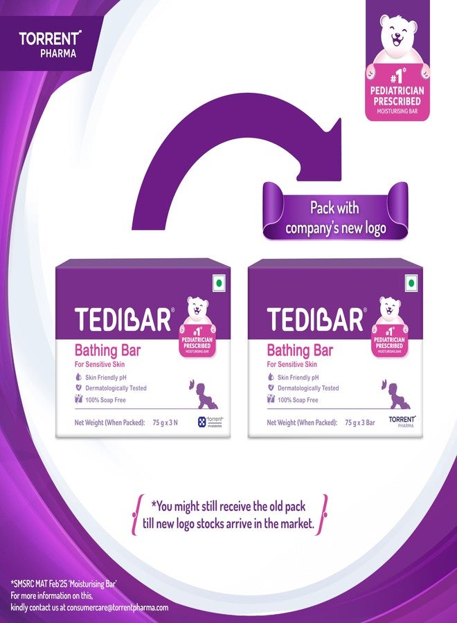 تيديبار صابون تيديبار المرطب لاستحمام الأطفال 75 غرام × 3 (عبوة واحدة) خالٍ من الصابون بنسبة 100%، صابون مرطب رقم 1* موصوف من قبل أطباء الأطفال - من إنتاج شركة تورنت فارما - Image 2