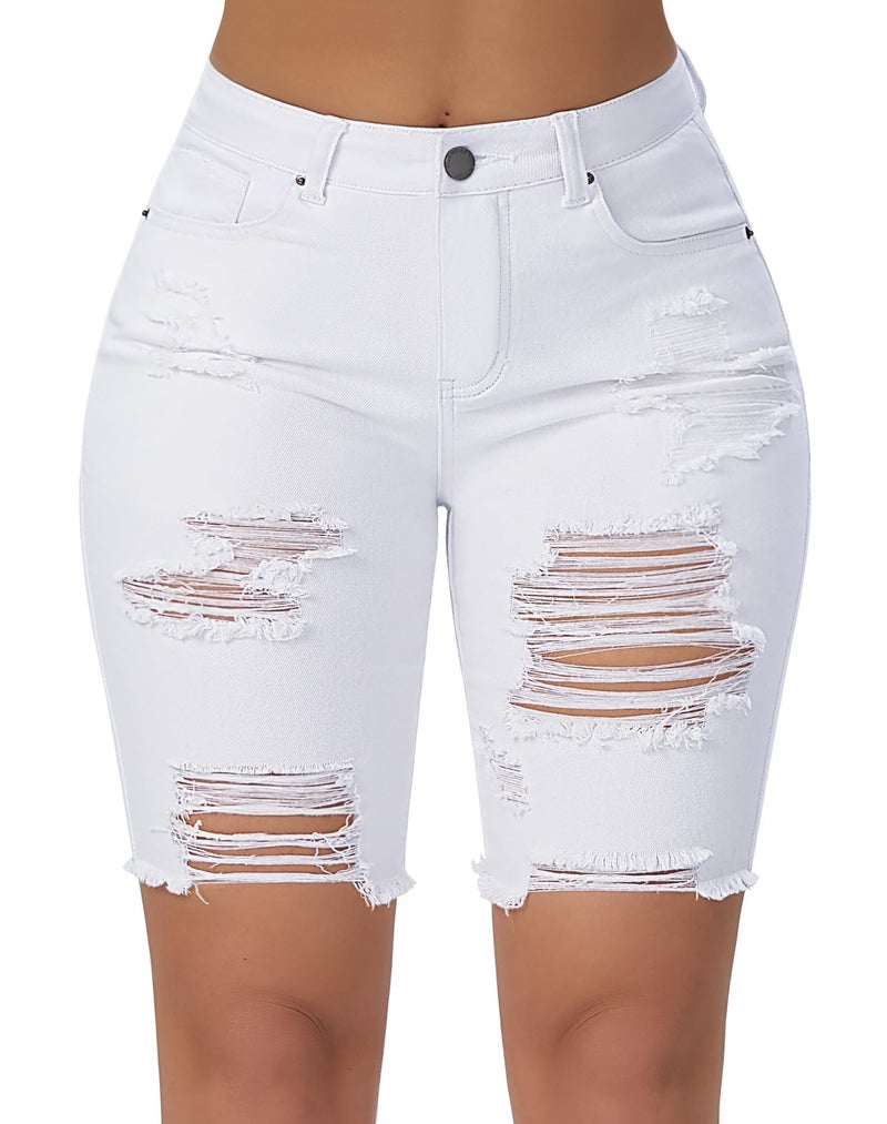 roswear Women Ripped Bermuda Denim Shorts Stretchy High Waisted Jean Shorts Knee Length White Large - Image 1
