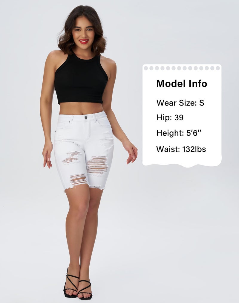roswear Women Ripped Bermuda Denim Shorts Stretchy High Waisted Jean Shorts Knee Length White Large - Image 4