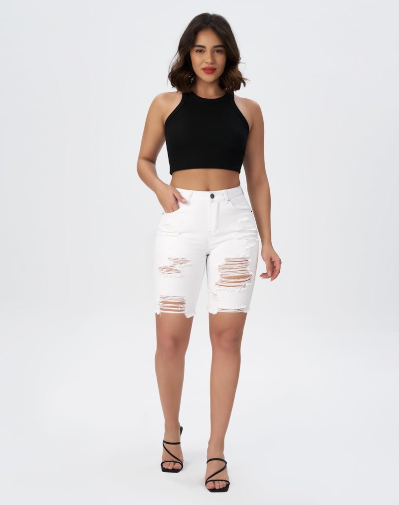 roswear Women Ripped Bermuda Denim Shorts Stretchy High Waisted Jean Shorts Knee Length White Large - Image 3