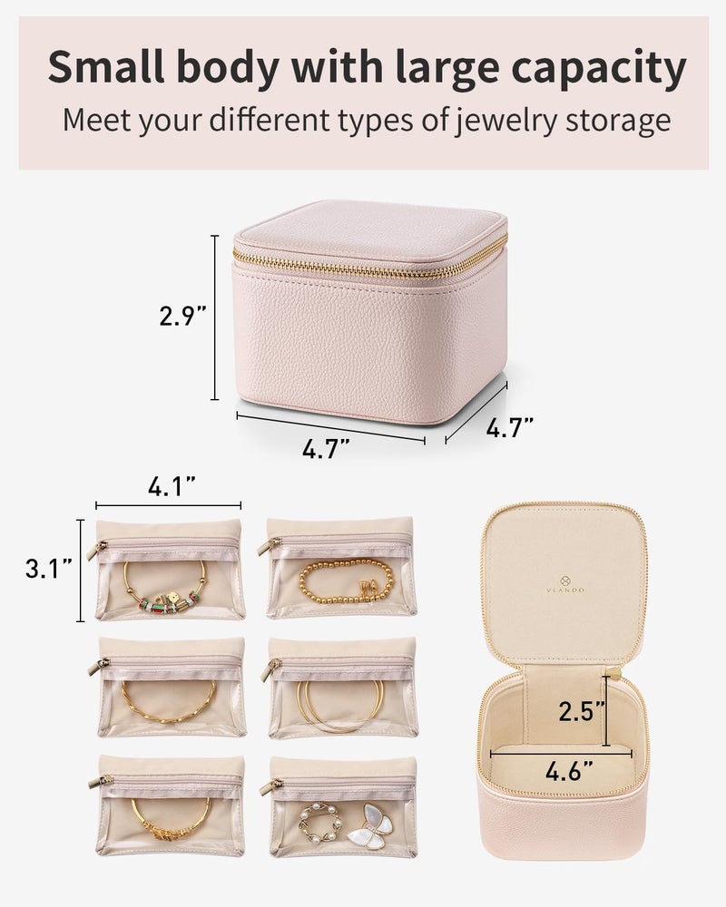 Vlando Travel Jewelry Case,Jewelry Organizer with 6 zipper velvet Jewelry bags for Women Girl,Wedding Birthday Gift Ideas for Women Earrings Rings Storage Gift Box Packaging Pink - Image 3