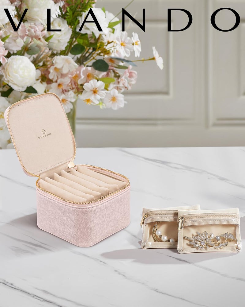 Vlando Travel Jewelry Case,Jewelry Organizer with 6 zipper velvet Jewelry bags for Women Girl,Wedding Birthday Gift Ideas for Women Earrings Rings Storage Gift Box Packaging Pink - Image 2