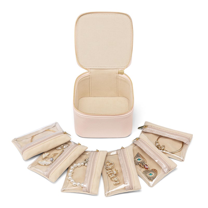 Vlando Travel Jewelry Case,Jewelry Organizer with 6 zipper velvet Jewelry bags for Women Girl,Wedding Birthday Gift Ideas for Women Earrings Rings Storage Gift Box Packaging Pink - Image 1