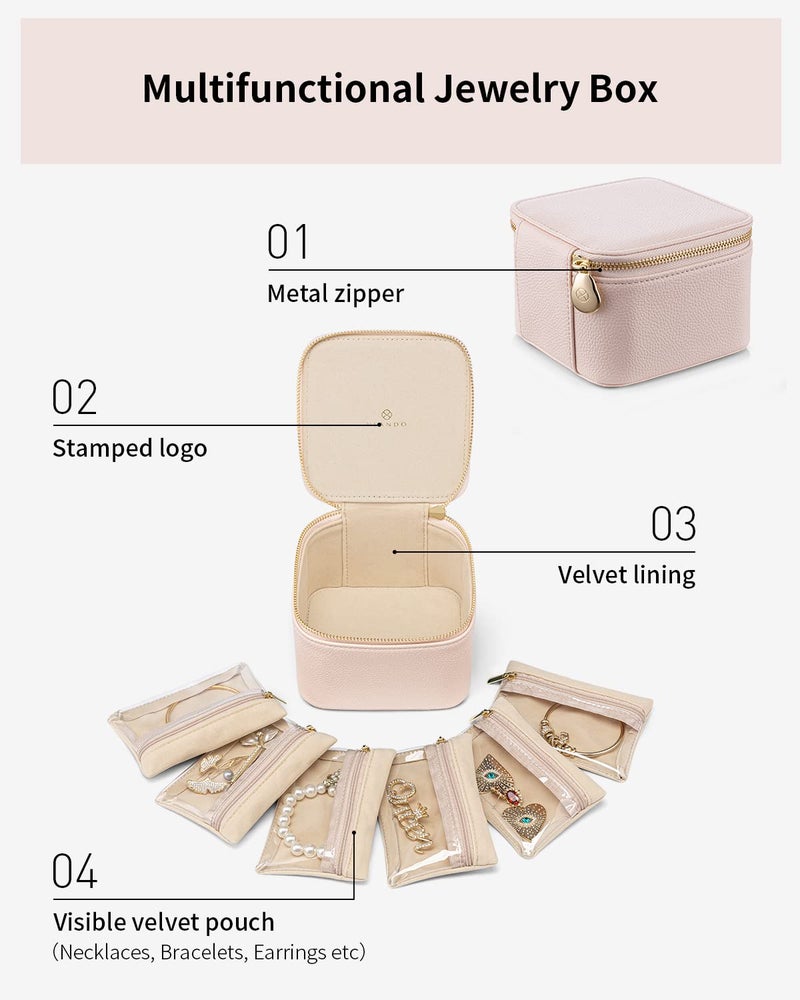 Vlando Travel Jewelry Case,Jewelry Organizer with 6 zipper velvet Jewelry bags for Women Girl,Wedding Birthday Gift Ideas for Women Earrings Rings Storage Gift Box Packaging Pink - Image 5